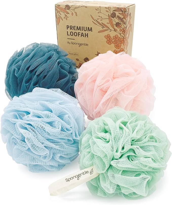Spongentle Shower Loofah Bath Sponge, Body Scrubber with Soft Mesh, Exfoliating Bath Pouf and Body Wash Sponge for Women and Men, Bath Accessories Cleaning Tool, Large 60g 4 Pack