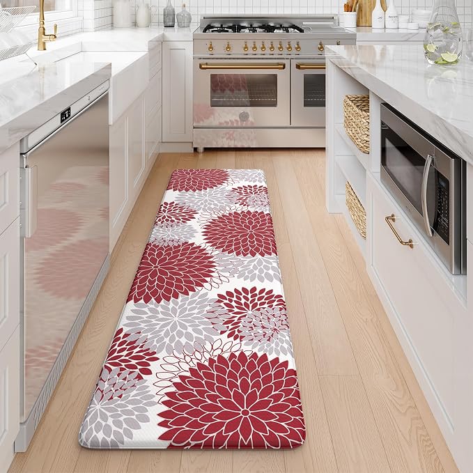 KIMODE Anti Fatigue Kitchen Mat, Cushioned Dahlia Floral Kitchen Runner, Non Slip Memory Foam Kitchen Mat for Floor, Waterproof Standing Desk Mat for Laundry, Office, Sink Red and Grey 17.3"x59"