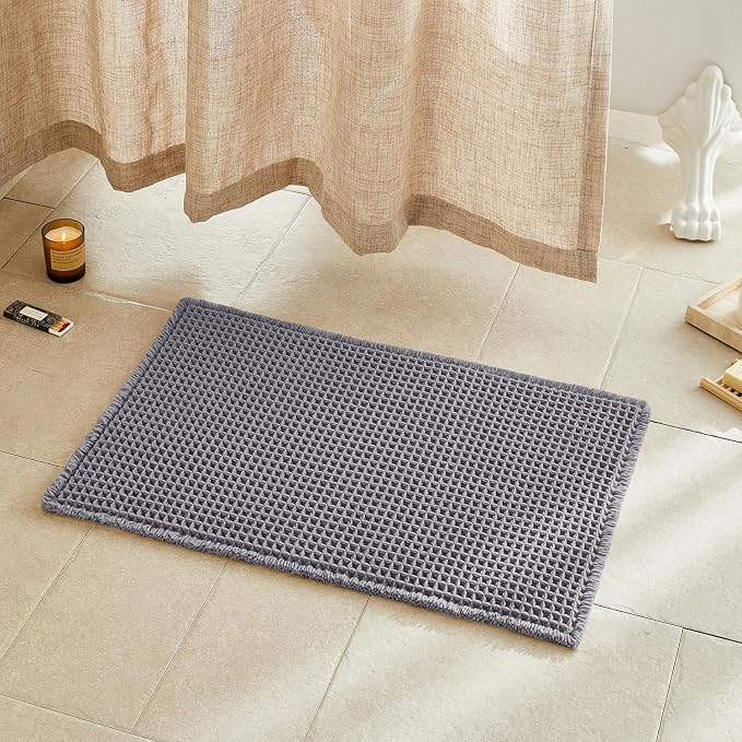 TYUU Waffle Bath Mat, Boho Bathroom Rugs Non Slip Washable Super Absorbent Quick Dry Bath Mat Farmhouse Bathroom Decor, 30"x20" Grey