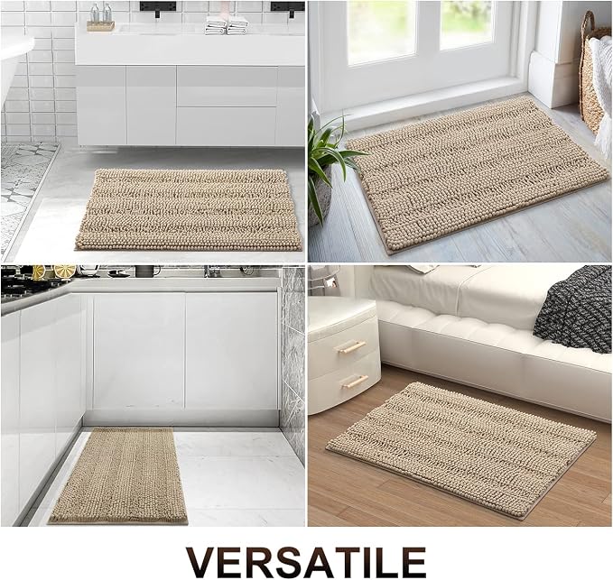 Grandaily Chenille Striped Bathroom Rugs 70x24, Extra Thick and Absorbent Bath Mats, Non-Slip Soft Plush Shaggy Shower Carpet, Machine Wash Dry, Bath Rug for Bathroom, Beige
