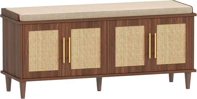 Akxomel Rattan Shoe Storage Bench with Cushion, 2-Tier Entryway Bench with Adjustable Shelves and 4 Doors, 15" D x 47.2" W x 20" H, Solid Wood Legs, for Hallway, Living Room, Bedroom, Walnut