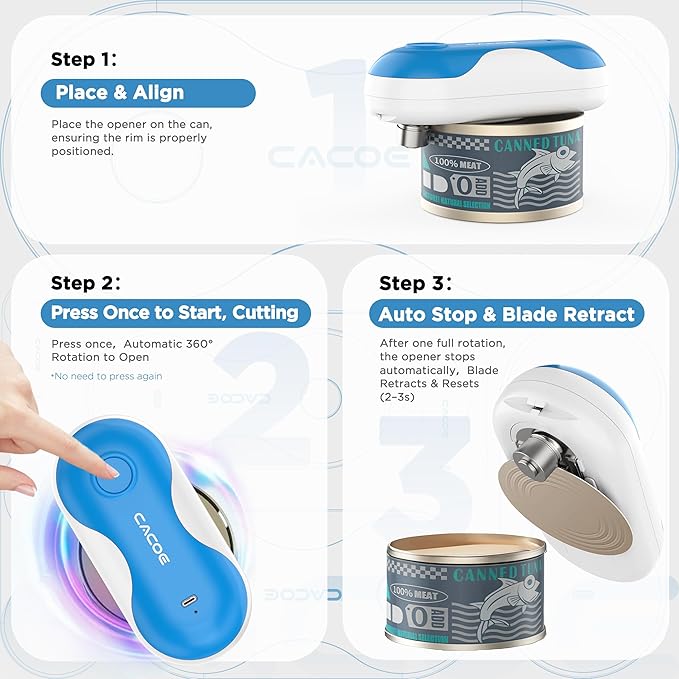 CACOE Automatic Smart Electric Can Opener with Auto Stop & USB-C Charging - Cordless Can Opener for Elderly and Arthritic Users for Seniors & Arthritis, Effortless One-Touch Open (blue)