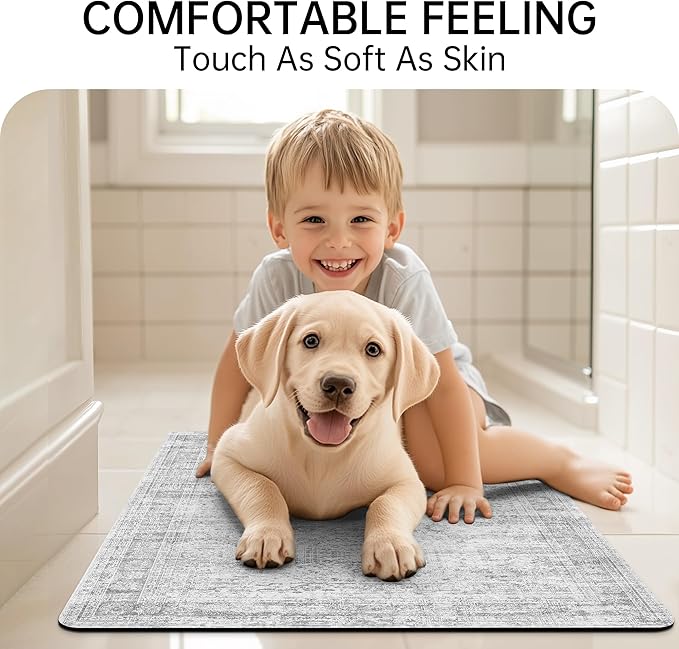Mecko Bath Mat, Ultra Absorbent Quick Dry Bathroom Floor Mats-Rubber Non-Slip Thin Bathroom Rug Fit Under Door, Faux Suede Surface Shower Rug for Bathtub, Sink, Shower Room(Grey/Cream,20"x32")
