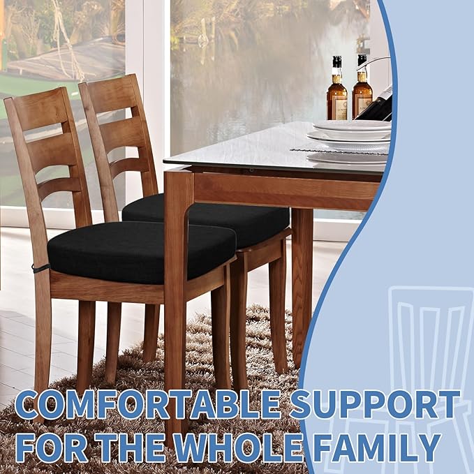 BUYUE Thickened 2.5" Dining Chair Cushions Set of 6, U-Shape High Density Foam Comfortable Chair Pads for Kitchen, Slip Resistant Indoor Seat Cushions (6 PCS, Black)