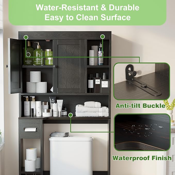 Over The Toilet Storage Cabinet with 7 Shelves, Imitation Walnut Grain Above Toilet Bathroom Organizer with Toilet Paper Holder Stand, Space Saver for Restroom, Laundry, Bathroom (Black)