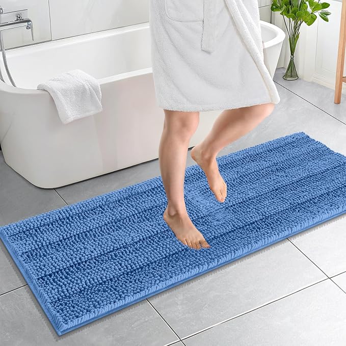 OLANLY Thick Bathroom Runner Rugs 59x20, Absorbent Chenille Striped Bath Rugs, Rubber Backing, Machine Wash, Extra Long Bath Mats for Bathroom, Tub and Shower, Home Decor Accessories, Cornflower Blue