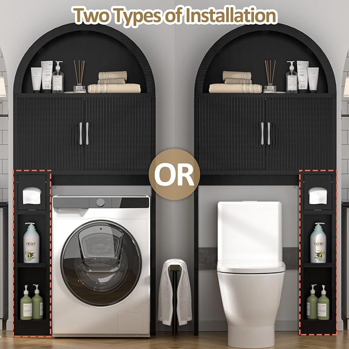 Spurgehom Over The Toilet Storage Cabinet, Bathroom Shelf Organizer Freestanding, Bathroom Arch Cabinet Over Toilet with Toilet Paper Holder and Anti-Tipping Device, Black