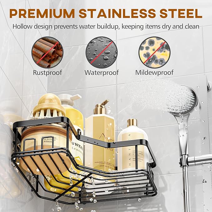 MAXIFFE 3 Pack Corner Shower Caddy with Soap Holder, Large Capacity Sturdy Easy Install No Drilling Stainless Steel Hold 40 LBS Shower Organizer Shelves Rack Storage for Family Renters Bathroom, Black