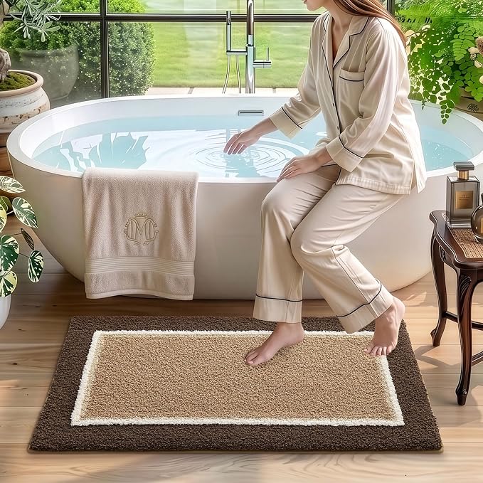 DEXI Bathroom Rugs 24x16, Absorbent Extra Soft Plush Microfiber Bath Mat for Bathroom, Non Slip Washable Bathmat Quick Dry for Shower Floor, Sink, Tub, Laundry Room, Brown and Dark Beige