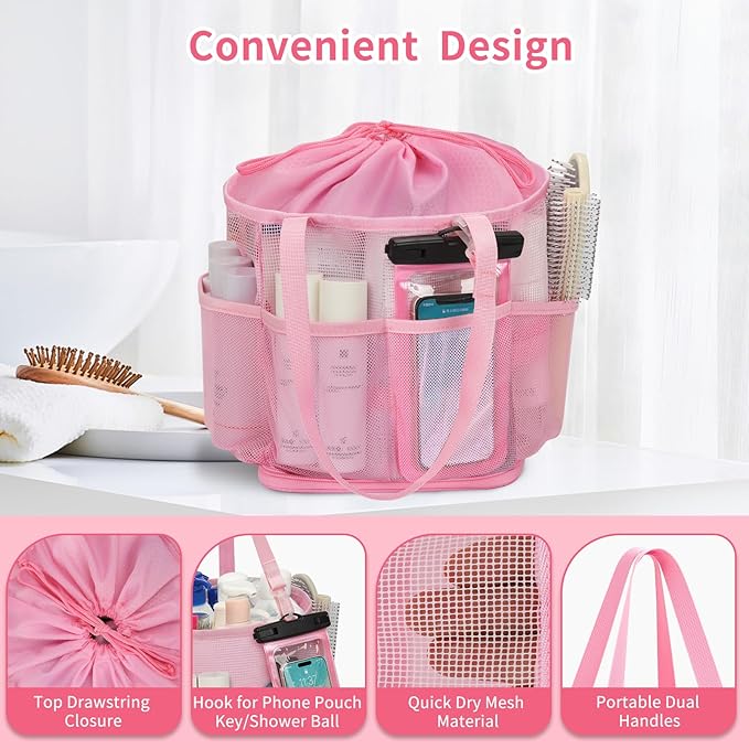 Mesh Shower Caddy Portable for College Dorm Room Essentials, Hanging Shower Caddy with Waterproof Phone Pouch, Large Capacity Shower Bag Basket Tote for Bathroom, Gym, Camping, Swimming, Beach, Pink