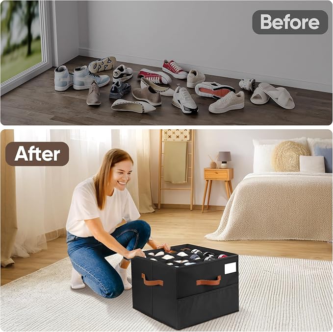 Shoe Organizer for Closet, 2 Pack Shoe Storage Containers with Adjustable Dividers, Space Saving Shoe Box Organizers Bins with Clear Lids & 4 Reinforced Handles, Fits 16-32 Pairs, Pure Black