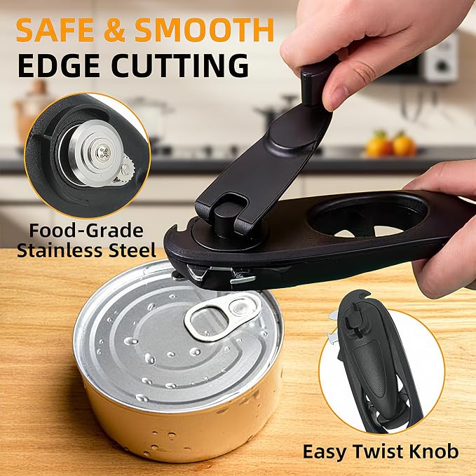 8 in 1 Multifunctional Can Opener, Black Smooth Edge Bottle Opener with Magnetic,360°Rotating Handle Can Opener Manual