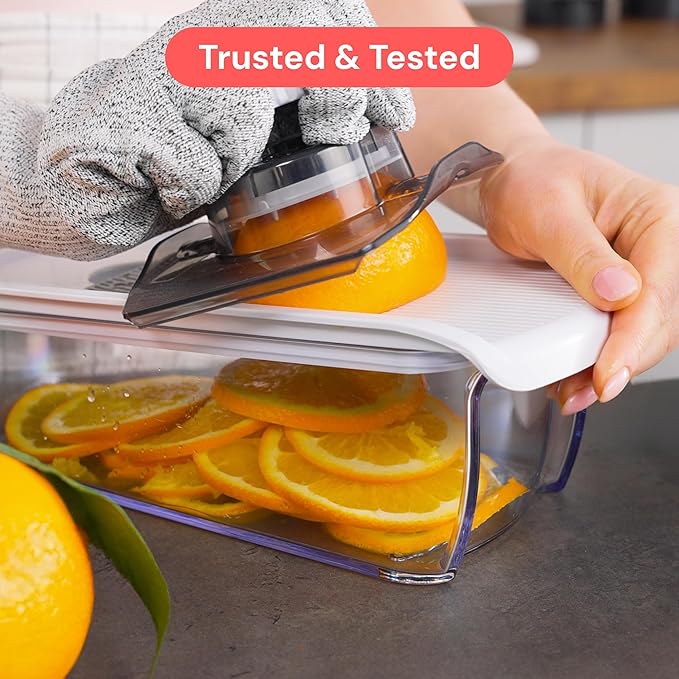 Fullstar Mandoline Slicer for Kitchen, Fruit Cutter, Cheese Grater, Cucumber Slicer, Veggie Spiralizer, Food Cutter & Kitchen Gadgets & Gifts with Safety Glove (6 in 1, Clear)