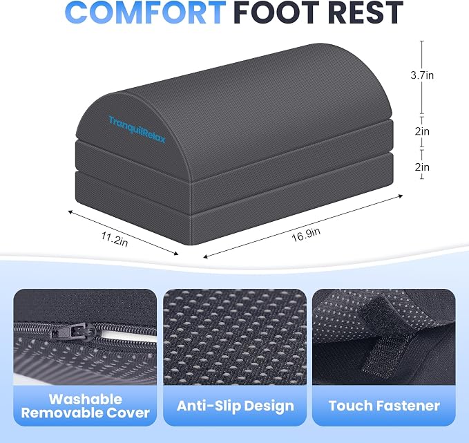 TranquilRelax Foot Rest for Under Desk at Work, Gaming Accessories Foot Stool with 3 Adjustable Heights & Washable Cover, Comfortable Office Desk Accessories, Footrest for Office, Home and Car (Gray)