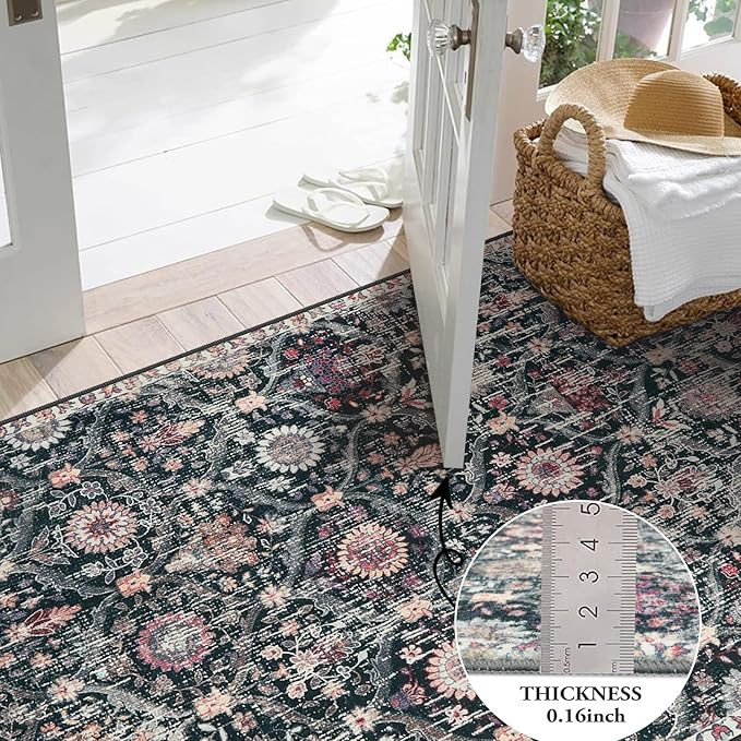 Lahome Moroccan Machine Washable Rugs for Living Room, 4x6 Rug for Bedroom Non-Slip Vintage Trellis Ultra-Thin Throw Carpet for Dining Room Office Nursery Elise, Black/Multi