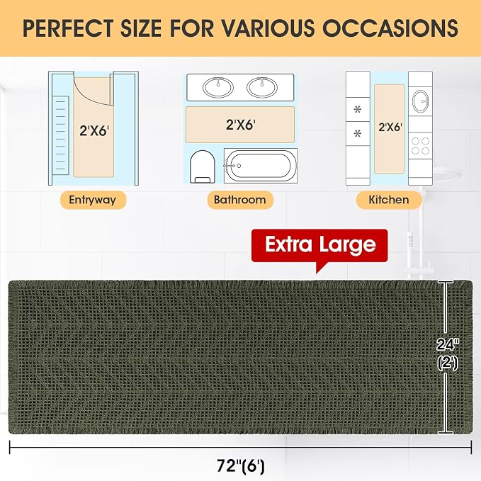 Extra Large Waffle Bath Mat, Boho Woven Modern Bath Rug Absorbent Non Slip, Ultra Soft Bathroom Mats, Machine Washable Knit Bath Rugs with Herringbones for Bathroom, Bedroom, Shower, 6'x2', Dark Green