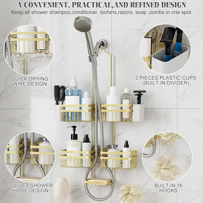 Shower Caddy Hanging for Bathroom Organizers and Storage - 3-Tier Adjustable Anti-Swing Shower Organizer Hanging with Heavy-Duty Suction Cups, Damage-Free Rustproof (Gold)