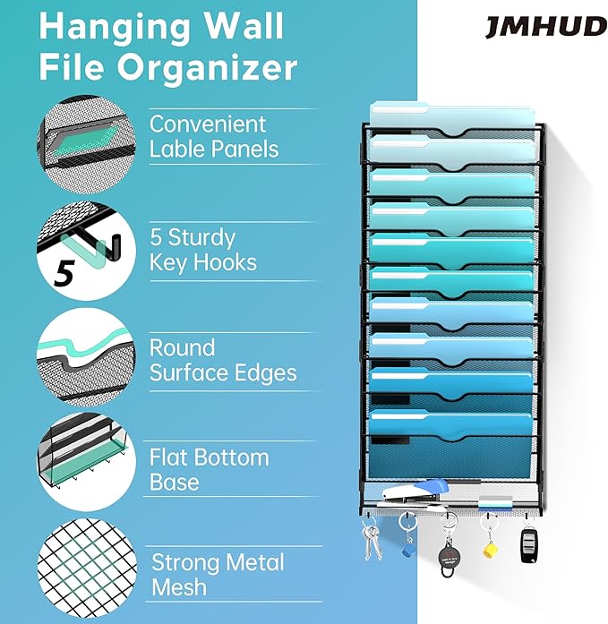 11 Tier Wall File Organizer - Hanging File Organizer with 5 Hooks, Mail Holder Wall Mounted for Papers, Folders, Magazines, Bills, Office&School Organization, Black