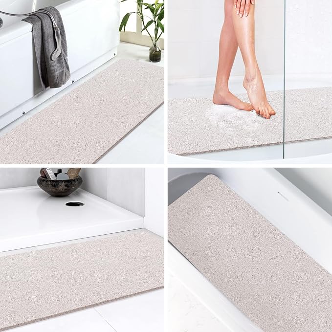LuxStep Shower Mat Bathtub Mat,47x16 inch, Non-Slip Bath Mat with Drain, Quick Drying PVC Loofah Bathmat for Tub,Shower,Bathroom (Phthalate Free,White)