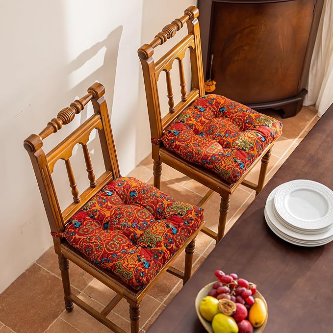 vctops Boho Geometric Chair Cushions with Ties U-Shaped Soft Cozy Cotton Linen Chair Pads Non Slip Seat Cushions for Indoor Dining Room and Kitchen Chairs (Orange,18"x18")