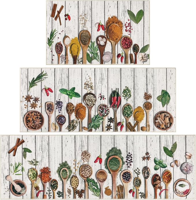 Vaukki Boho Kitchen Rug Sets 3 Pieces, Washable Kitchen Mats for Floor, Non Slip Soft Kitchen Area Rug Floor Mat for Kitchen, Laundry Room and Hallway (Spice-Wooden, 20''x32''+20''x47''+20''x59'')