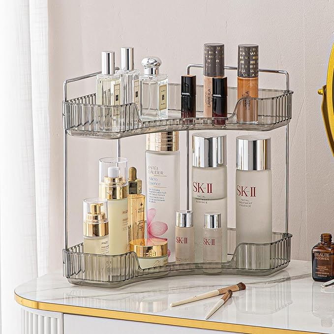 shuang qing 2-Tier Corner Bathroom Counter Organizer – Classic Storage Shelf for Makeup, Perfume & Toiletries, Space-Saving Countertop Tray Fits Bathroom, Dresser, Kitchen (Slate Gray)