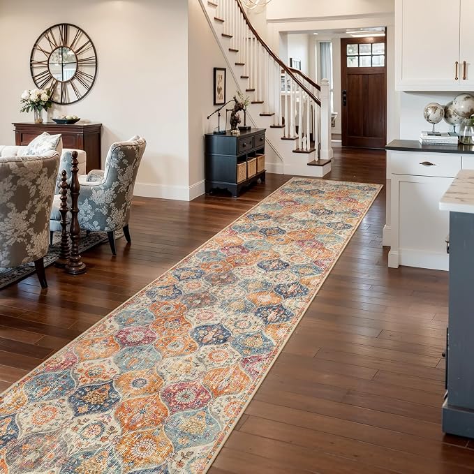 Lahome Moroccan Washable Runner Rug 2x10, Kitchen Runners for Hallways Rubber Backing Ultra-Thin Vintage Hallway Rug Non-Slip Carpet for Entryway Bedroom Laundry Room Elise, Cream/Multi