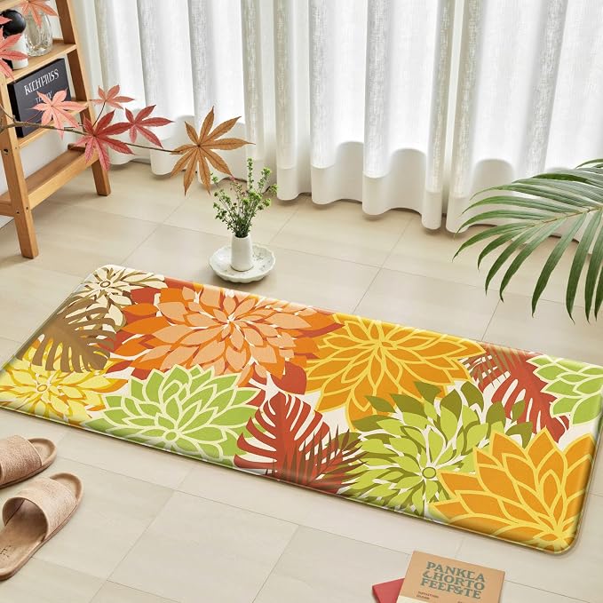 Arenarug Kitchen Mats for Floor 2PCS Cushioned Anti Fatigue Kitchen Mats Waterproof Non Slip Kitchen Rug Set Foam Standing Mat for Sink, Laundry, Office,17.3" x 28" + 17.3" x 47", Maple Orange