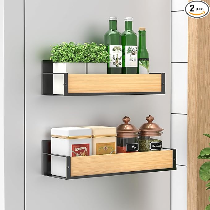 HuggieGems 2 Pack Magnetic Spice Storage Rack Organizer for Refrigerator and Oven, Wood Fridge Organizers and Storage
