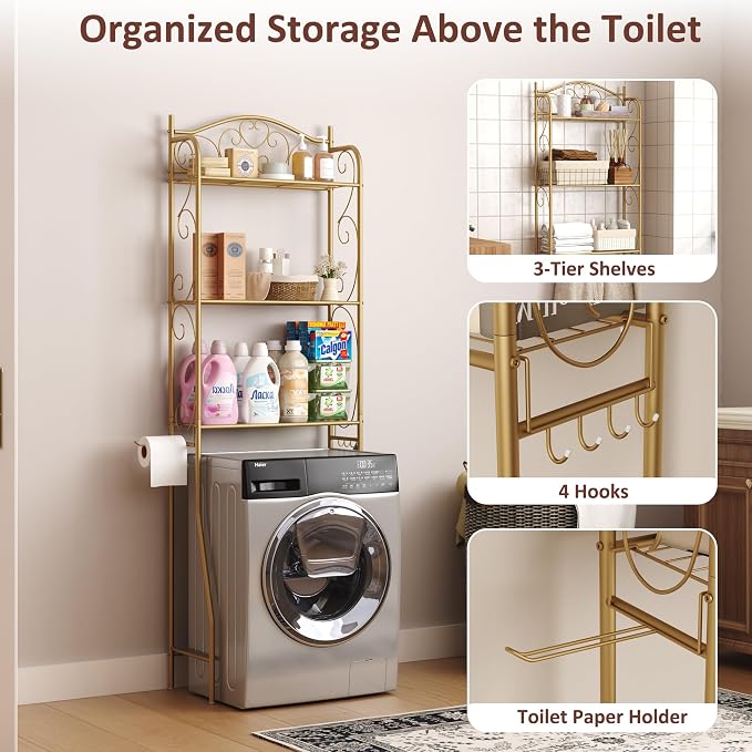 HOME BI Over The Toilet Storage Shelf, 3-Tier Over Toilet Bathroom Organizer Rack, Freestanding Space Saver Toilet Stands with Hooks (Gold)