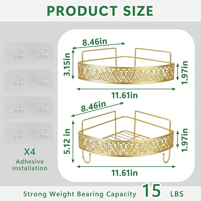Gold Corner Shower Caddy - 2 Tier No Drilling Adhesive Shower Shelves, Gold Bathroom Shower Organizer with 4 Hooks, Wall Mounted Shower Rack for Inside Shower, Decorative Shower Corner Shelf