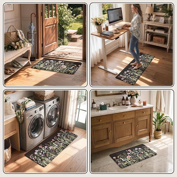 KIMODE Anti Fatigue Mats for Kitchen Floor 17"x47"+17"x29", Farmhouse Floral Kitchen Rugs Sets of 2, Cushioned Kitchen Floor Mats, Non Slip Standing Mat for Sink, Laundry, Office, Desk Black