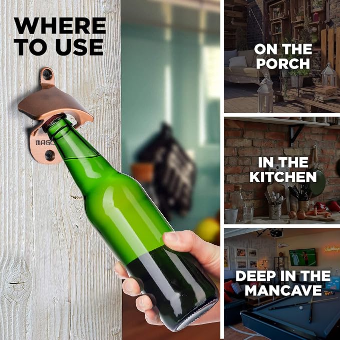 Outdoor Bottle Opener Wall Mounted - Style Magnetic Beer Bottle Opener that Catches Caps - Easy to Install and Incredibly Convenient