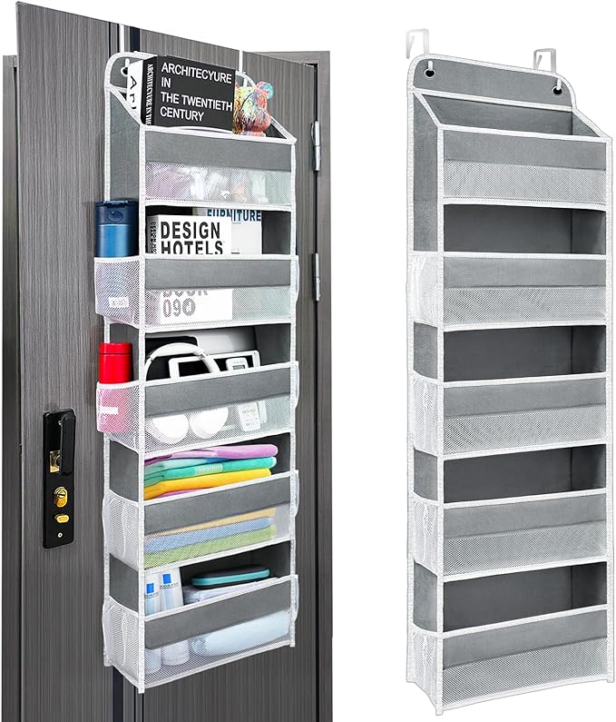 Easy Assembly Over The Door Organizer, 5 Shelves& 8 Side Pockets, Heavy-Duty Reinforced Mesh Rack Holds 44lb, Hanging Behind Door Storage for Bathroom Pantry, Nursery, Closet, Shoes, Towels-Grey