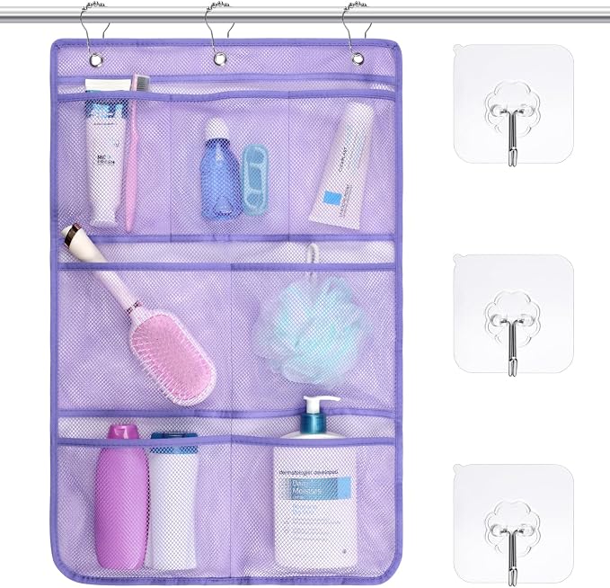 F-color Cruise Essentials 2026 - Mesh Shower Organizer Hanging with 7 Pockets for RV Gym Camping, Quick-Dry Portable Toiletry Bag with Metal Hooks for Bathroom Travel Toiletries, Purple