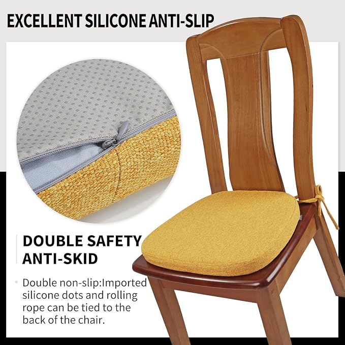 SINOSSO 6 Pack Memory Foam Chair Cushions for Dining Chairs, Friendly Woven Fabric 16" U-Shape Comfortable Kitchen Chair Pads, Removable Slip Resistant Seat Cushions (Set of 6, Yellow)