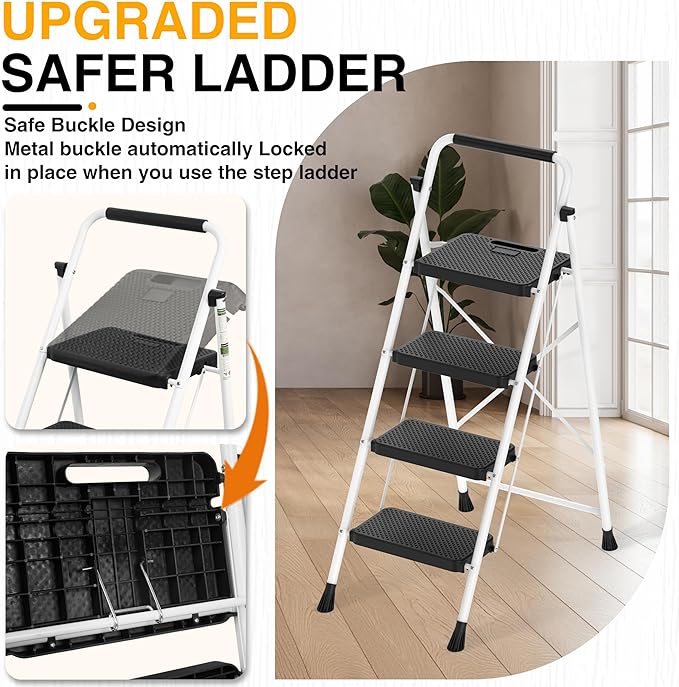 Step Ladder, Portable Steel Folding Step Stool with Wide Anti-Slip Pedal & Convenient Handgrip, Sturdy Steel Ladder, 4-Step, White