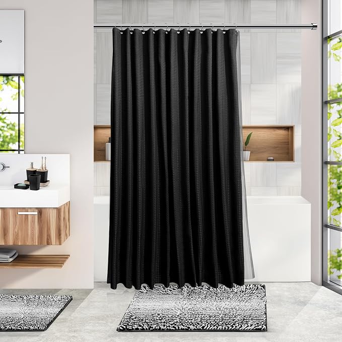 Clara Clark Bathroom Accessories Set - 27PC Bathroom Set with Adhesive Corner Shower Caddy Hanging, Bathroom Sets with Shower Curtain and Rugs, Ombre Black Shower Curtain Set with Bathroom Trash Can