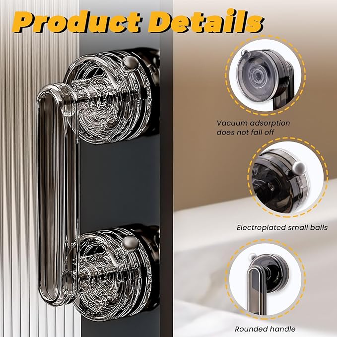 Huakaile 2 Pieces Transparent Gray Suction Cup Handle for Sliding Glass Door, Hole-Free Waterproof Suction Grab Bars for Shower Heavy Duty Window Kitchen Drawer Bathroom (Transparent Gray)