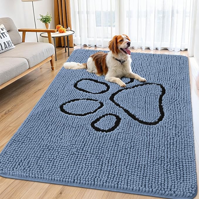 Smiry Dog Door Mat for Muddy Paws, Absorbent Dirt Trapper Non Slip Quick Dry Washable Chenille Mat for Mud Dogs, Entry Rug for Indoor and Outdoor (71x46 Inches, Airy Blue and Black)