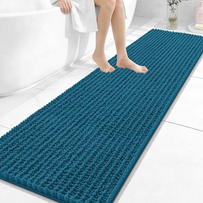 OLANLY Long Bathroom Rugs Runner 59x20, Thick Soft and Absorbent Chenille Bath Mat, Non-Slip, Machine Washable Quick Dry Bath Rugs for Tub Shower Floor, Home Decor Accessories, Peacock Blue