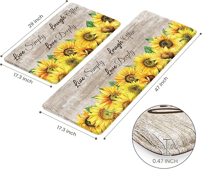 KIMODE Anti Fatigue Kitchen Mat for Floor, Farmhouse Sunflower Kitchen Rugs 2 PCS, Kitchen Floor Mats Non-Slip Cushioned, Comfort Standing Mat for Sink, Laundry, Desk Brown 17"x47"+17"x29"