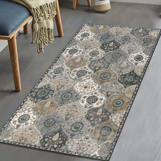 Lahome Moroccan Trellis Small Area Rug, 2x4 Rugs for Entryway Non-Slip Vintage Ultra-Thin Washable Indoor Door Mat Distressed Throw Carpet for Bathroom Kitchen Bedroom Elise, Grey