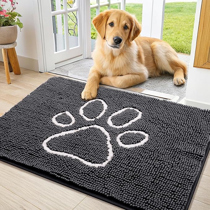Smiry Dog Door Mat for Muddy Paws, Absorbent Dirt Trapper Non Slip Quick Dry Washable Chenille Mat for Mud Dogs, Entry Rug for Indoor and Outdoor (34x21 Inches, Dark Grey and White)
