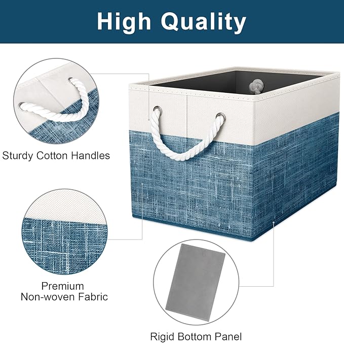 Fab totes Storage Bins 8-Pack, Foldable Storage Baskets for Organizing Toys, Books, Shelves, Closet, Large Storage Box with Rope Handles, Sturdy Organizer Bins, White & Blue