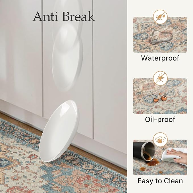 GENIMO Kitchen Mats for Floor 2PCs, Washable Anti Fatigue Mat for Cushioned, 17.3"x59"+17.3"x30", Waterproof Kitchen Rugs, Non Slip Comfort Standing Mat Rug for Home, Sink, Laundry, Blue&Salmon