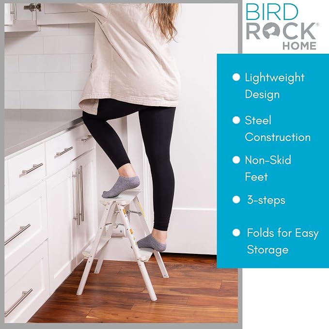 BIRDROCK HOME 2 Step Compact Steel Step Ladder - Sturdy Thin Folding Stool - Anti-Slip Steps - Great for Your Kitchen, Pantry, Closets, or Home Office - Indoor Stool - Silver