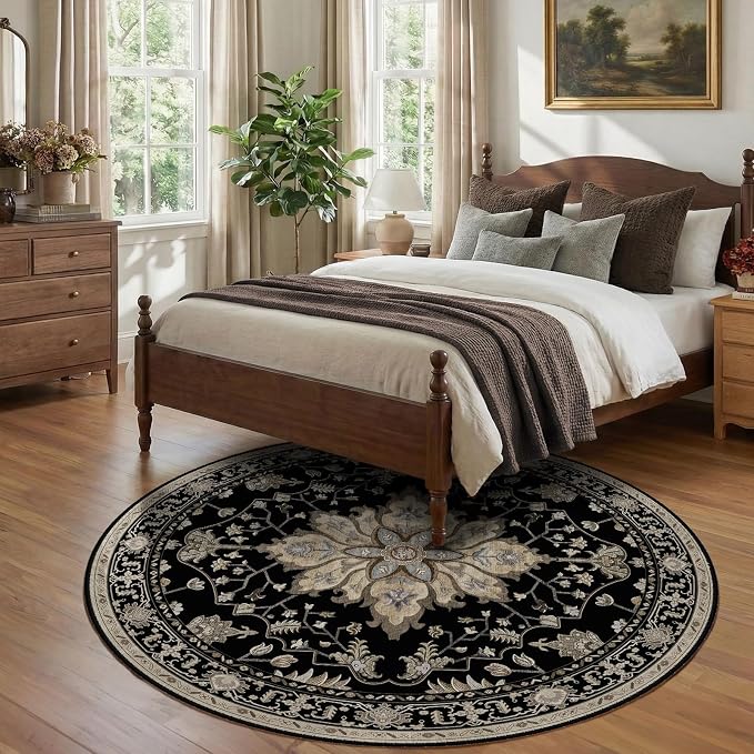 RELEANY Area Rugs Round 7ft Washable Non-Slip, Floral Vintage Distress Medallion Carpet for Living Room Bedroom Dining Room, Black Brown Neutral Dark Tan