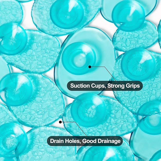 WELTRXE Pebbles Bath Mat Oval Non-Slip Bathtub Mat with Suction Cups, Drain Holes for Bathroom Showers, Tub, Machine Washable, BPA, Latex Free Safe Shower Mats, 27 x 14 Inch, Teal