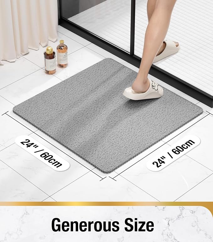Shower Mat Non Slip Square, Bath Tub Mat for Textured Surface, Soft PVC Loofah Bathtub Mats Without Suction Cups, Quick Drying Shower Floor Mat, 24 x 24 Inch Bathroom Accessories, Grey